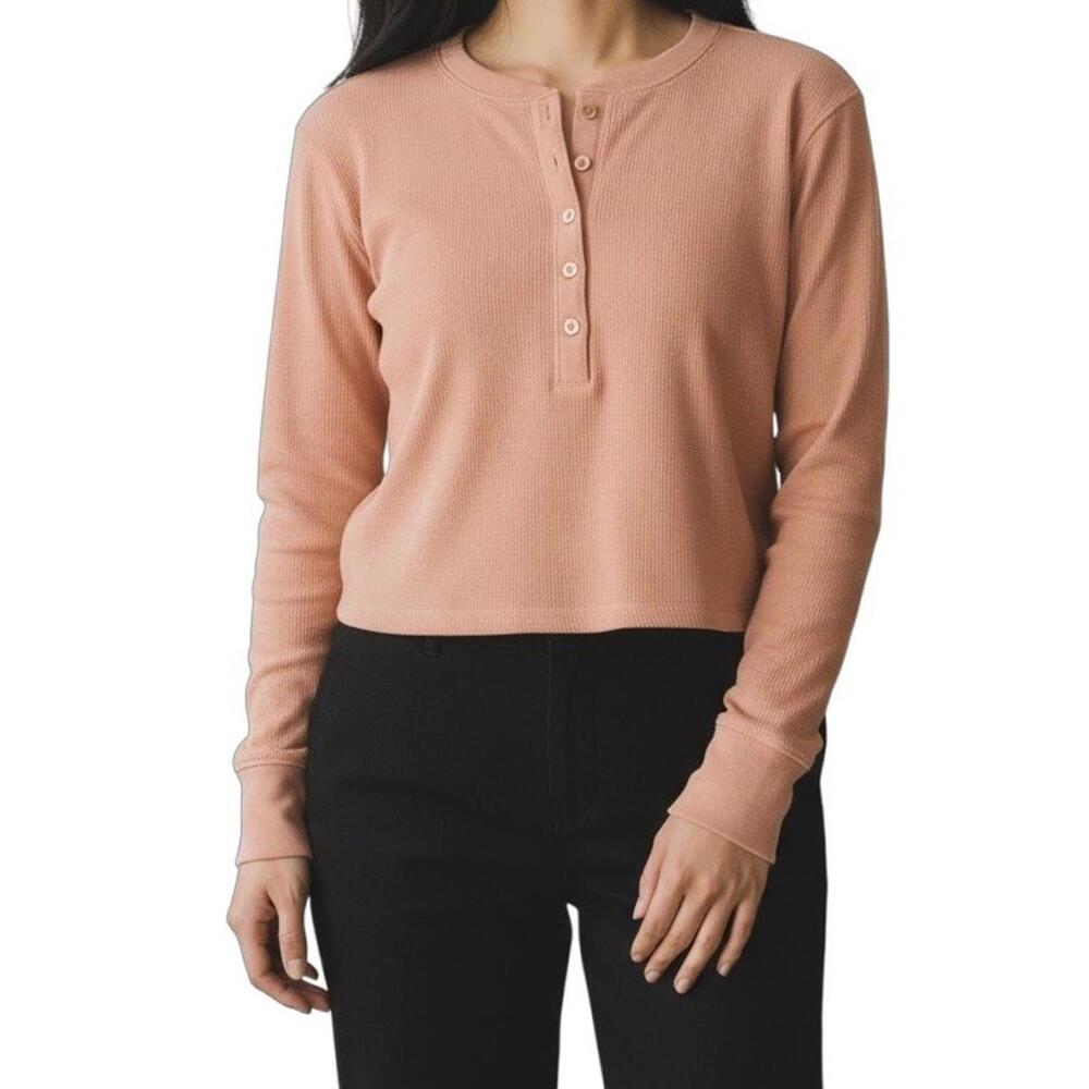 Aritzia Wilfred Free Mavis Ribbed Cropped Henley Long Sleeve Tee Women Pink Top